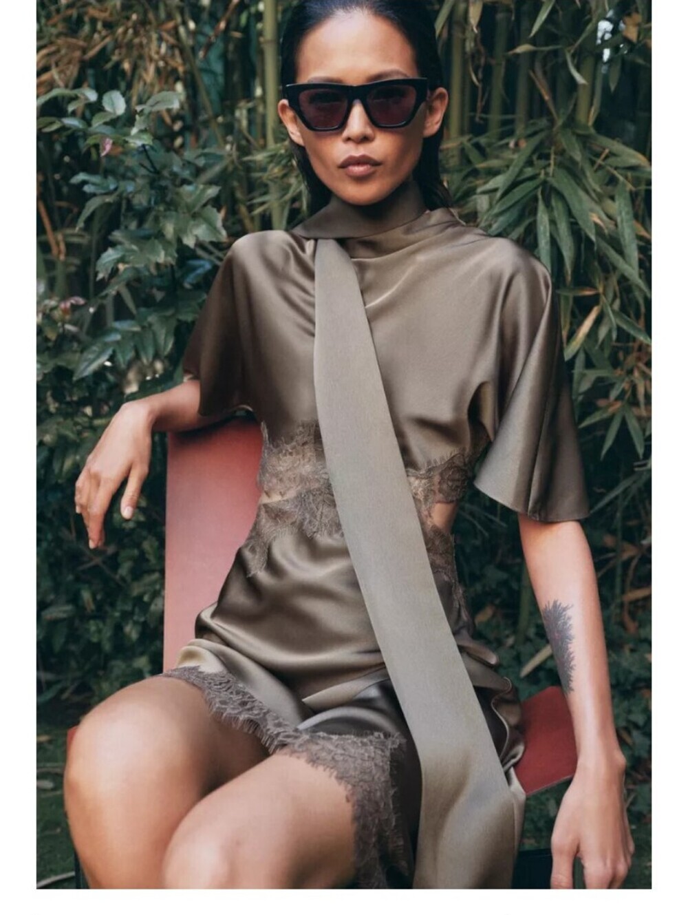 Zara Olive Green Asymmetrical Satin Dress with Lace Trim - Picture 8 of 11